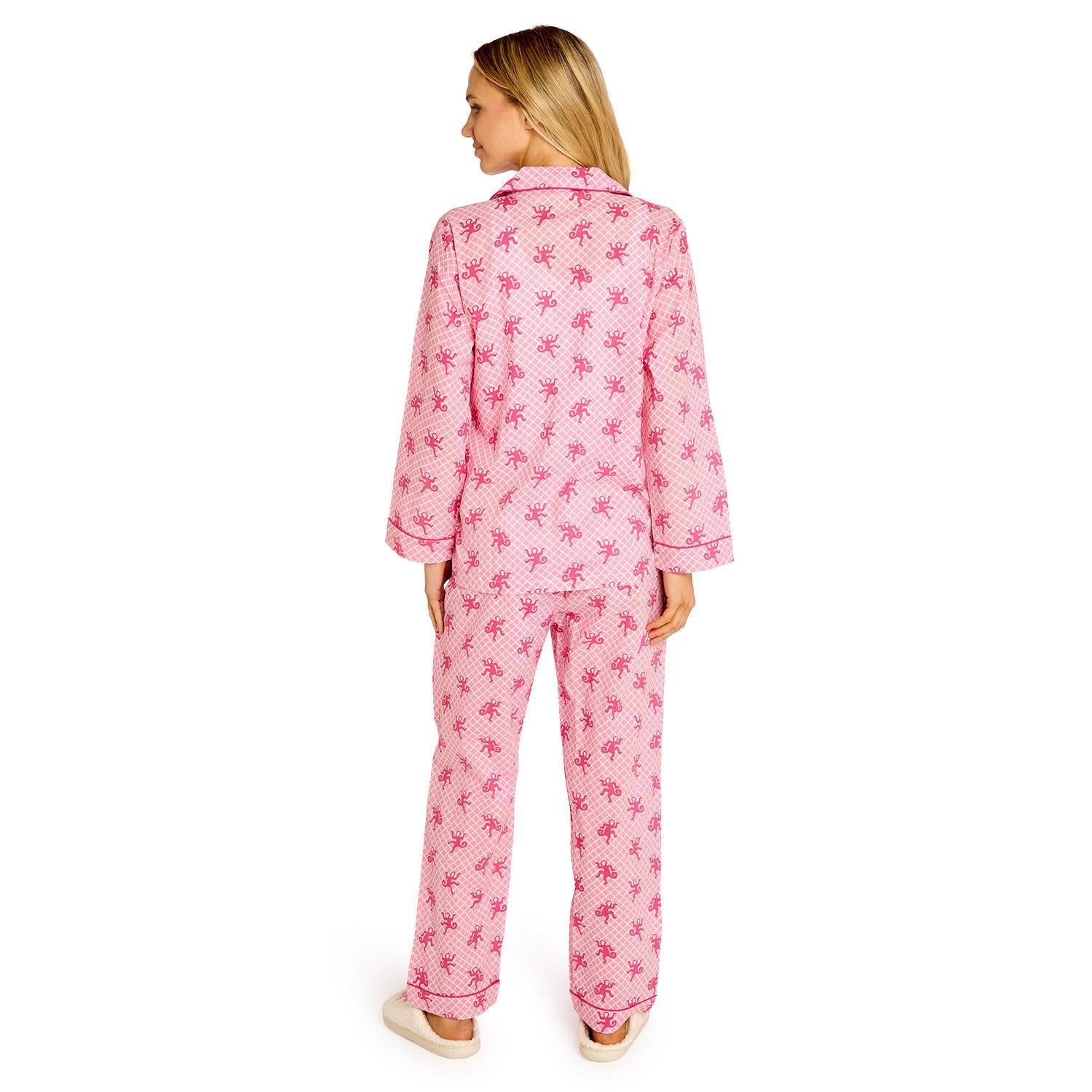 Happy Monkey pink cotton pajamas with red floral print. Available sizes: S, M, L, XL.