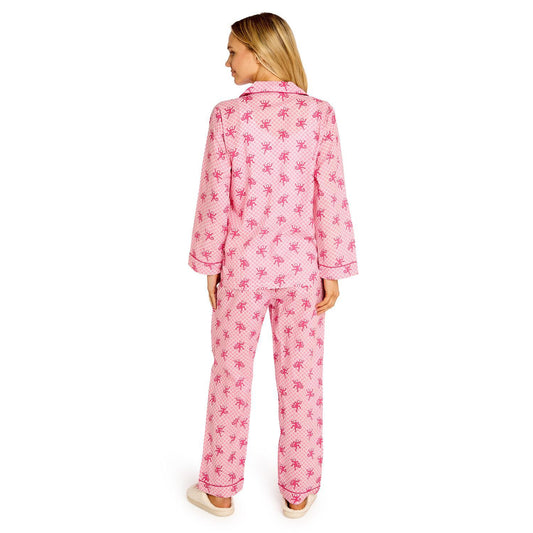 Happy Monkey pink cotton pajamas with red floral print. Available sizes: S, M, L, XL.