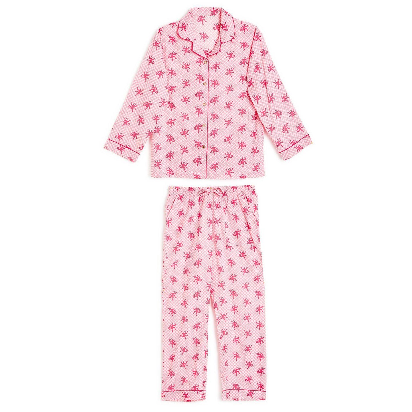 Pink two-piece cotton pajamas with red palm tree print, red piping, button-up top, pants. Sizes: S, M, L. Gift bag included.