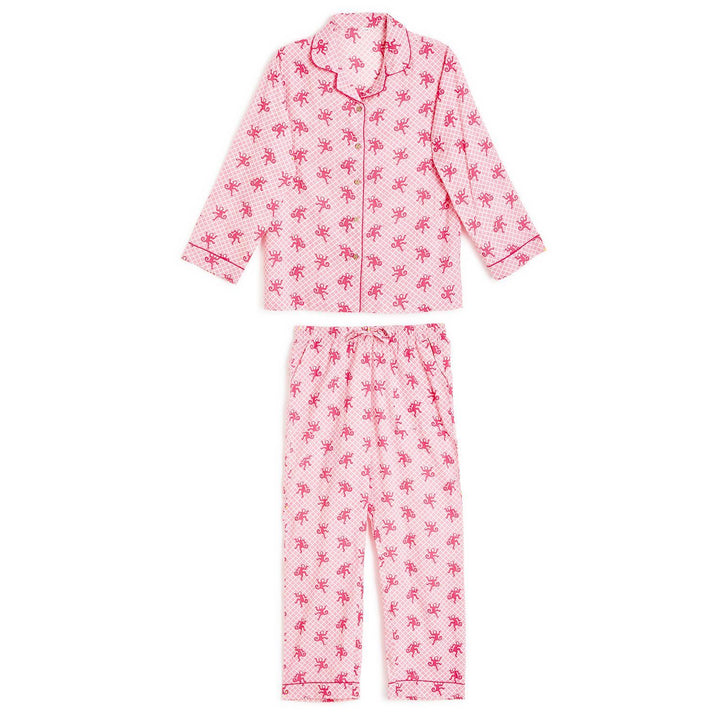 Pink two-piece cotton pajamas with red palm tree print, red piping, button-up top, pants. Sizes: S, M, L. Gift bag included.