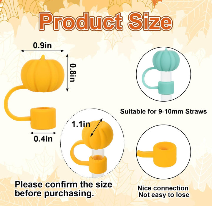 Pumpkin Straw Covers in yellow and teal, sizes: 0.9" wide, 0.8" high, 0.4" stem diameter, 1.1" with loop; fits 9–10mm straws.