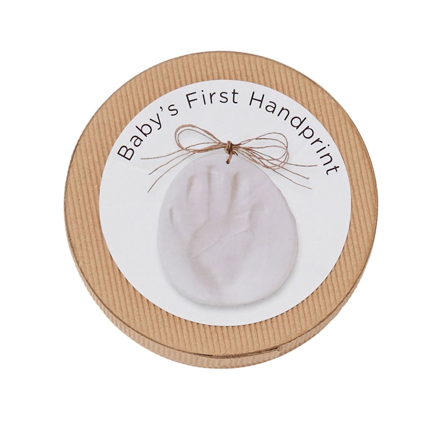 Round container with "Baby's First Handprint" lid. Contains white air-dry clay for handprint impression. Sizes available: One size fits all.