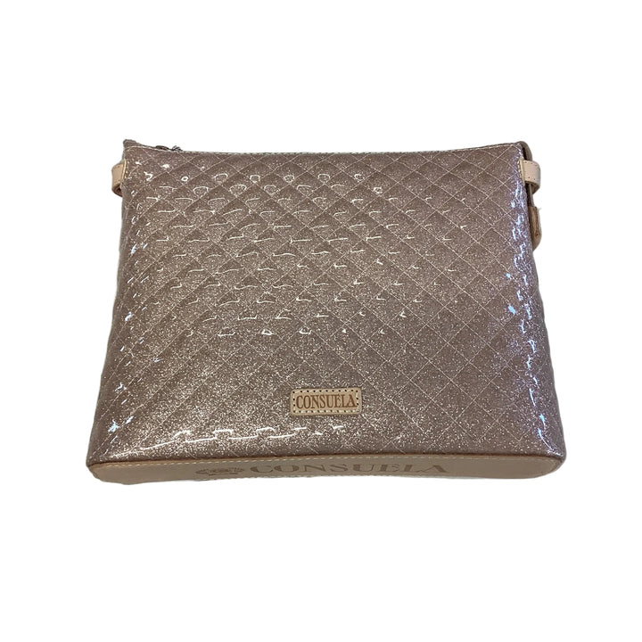 Rosegold quilted metallic Downtown Crossbody, Ori, with adjustable strap and rectangular logo patch. Available in all sizes.