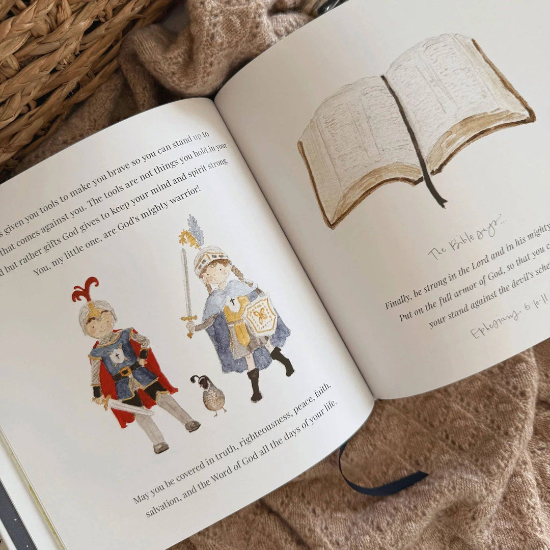 Bedtime blessings book with illustrations of children as knights and an open Bible with Ephesians 6:10.