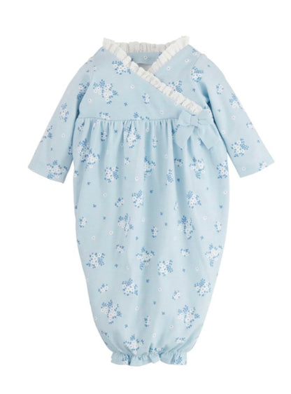Blue cotton sleep gown with kimono side bow and ruffle hem.