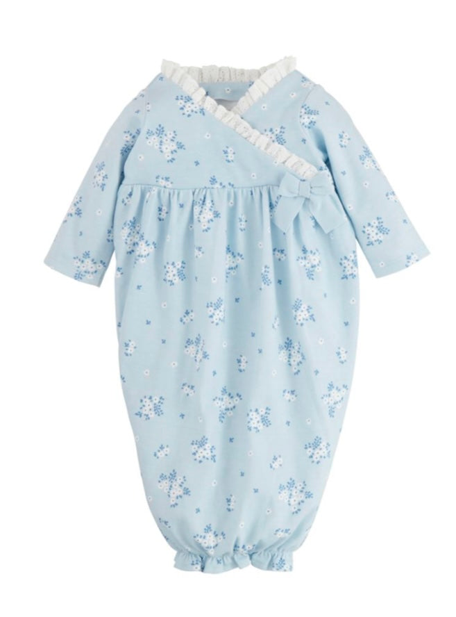 Blue cotton sleep gown with kimono side bow and ruffle hem.