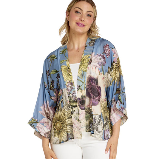 Daisy Cornflower Blue Short Kimono featuring an open front and relaxed fit. Available in sizes XS, S, M, L, XL.