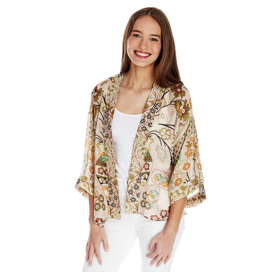 Floral Arch Print Short Kimono, featuring a silk-like texture. Available sizes: S/M, M/L.