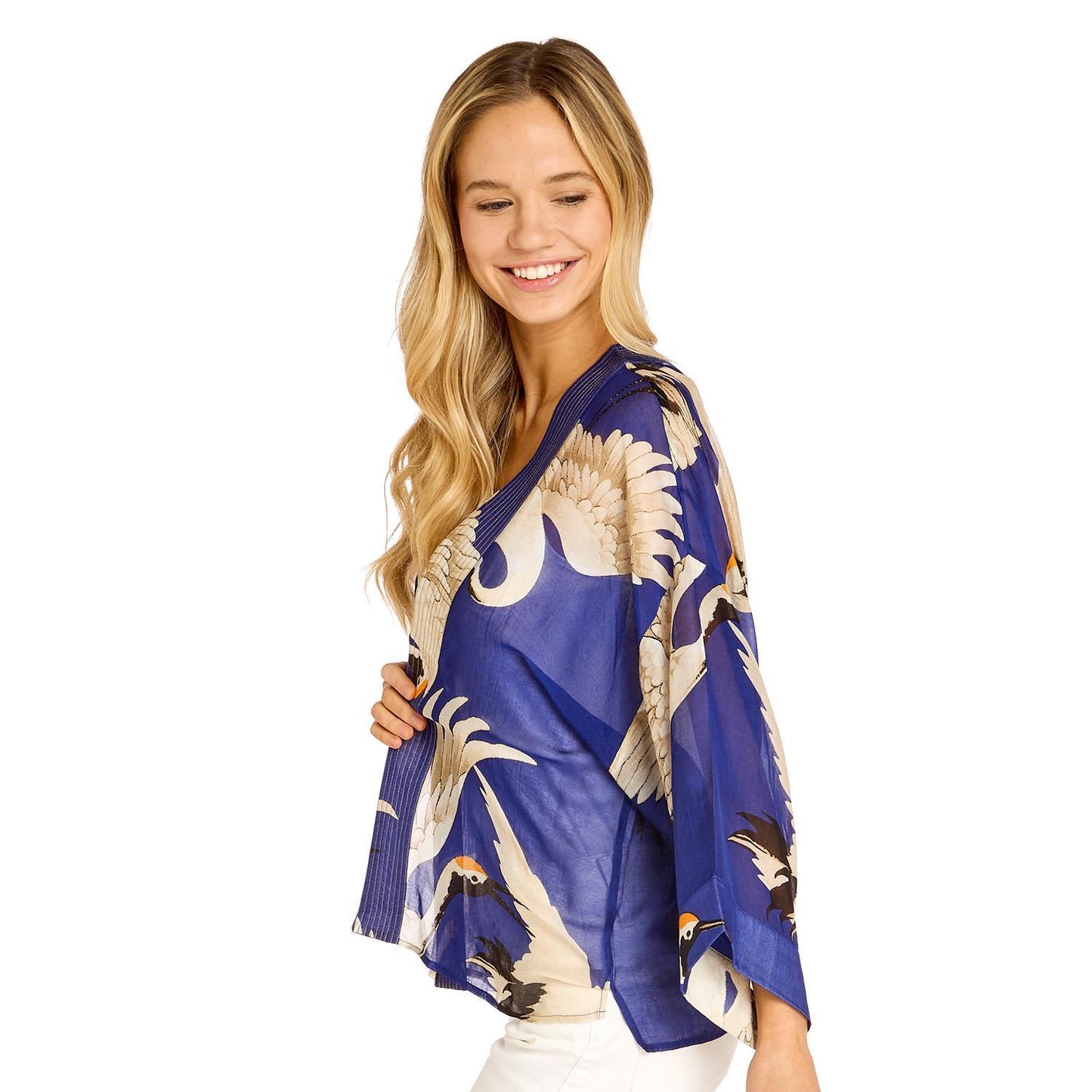 Heron Print Cobalt Short Kimono