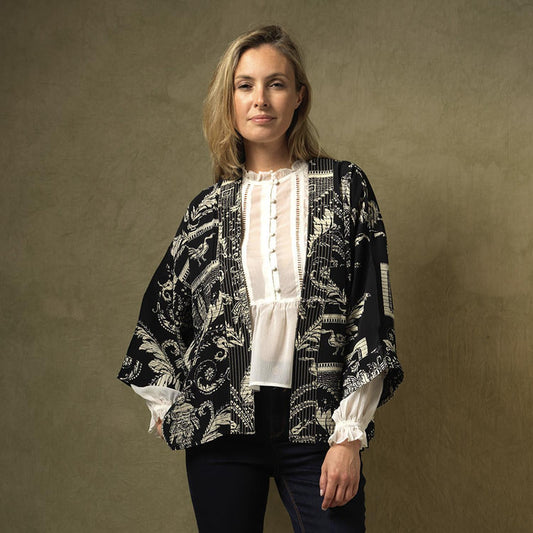 Vintage Damask Black Short Kimono: A stylish overlay with draping patterned crepe fabric. Available in sizes S, M, L, XL.