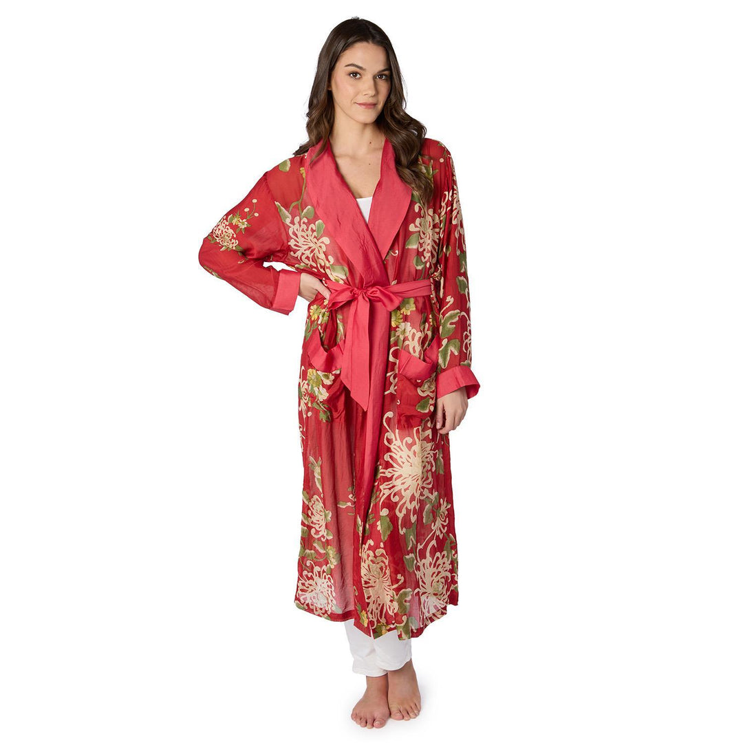 Chrysanthemum Red Robe in soft modal viscose, red chrysanthemum print, matching belt; available in sizes S-XL.