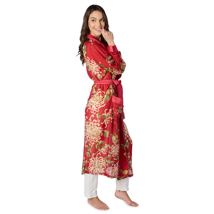 Chrysanthemum Red Robe: long red modal viscose gown with pink belt. Sizes: XS-XL.