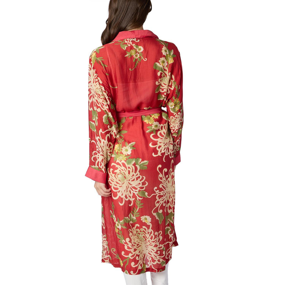Chrysanthemum Red Robe in soft modal viscose with cream and green floral prints, matching belt. Sizes: S, M, L, XL.