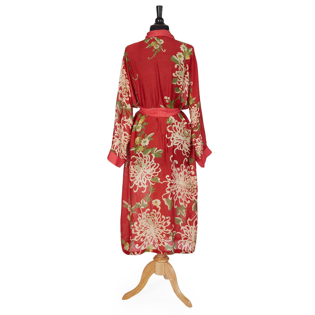 Chrysanthemum Red Robe: soft modal viscose, long sleeves, waist belt, cream/green print. Available in S, M, L.