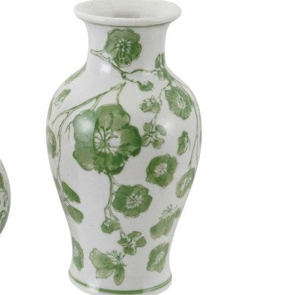 Green and white stoneware vase with flared rim, hand-painted floral design. Available in small and large sizes.