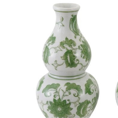 Hand painted stoneware vase with gourd shape, green leaf and floral patterns; available in small and large sizes.