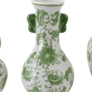 Hand painted stoneware vase, green and white with leaf pattern and green handles. Available in small, medium, large sizes.