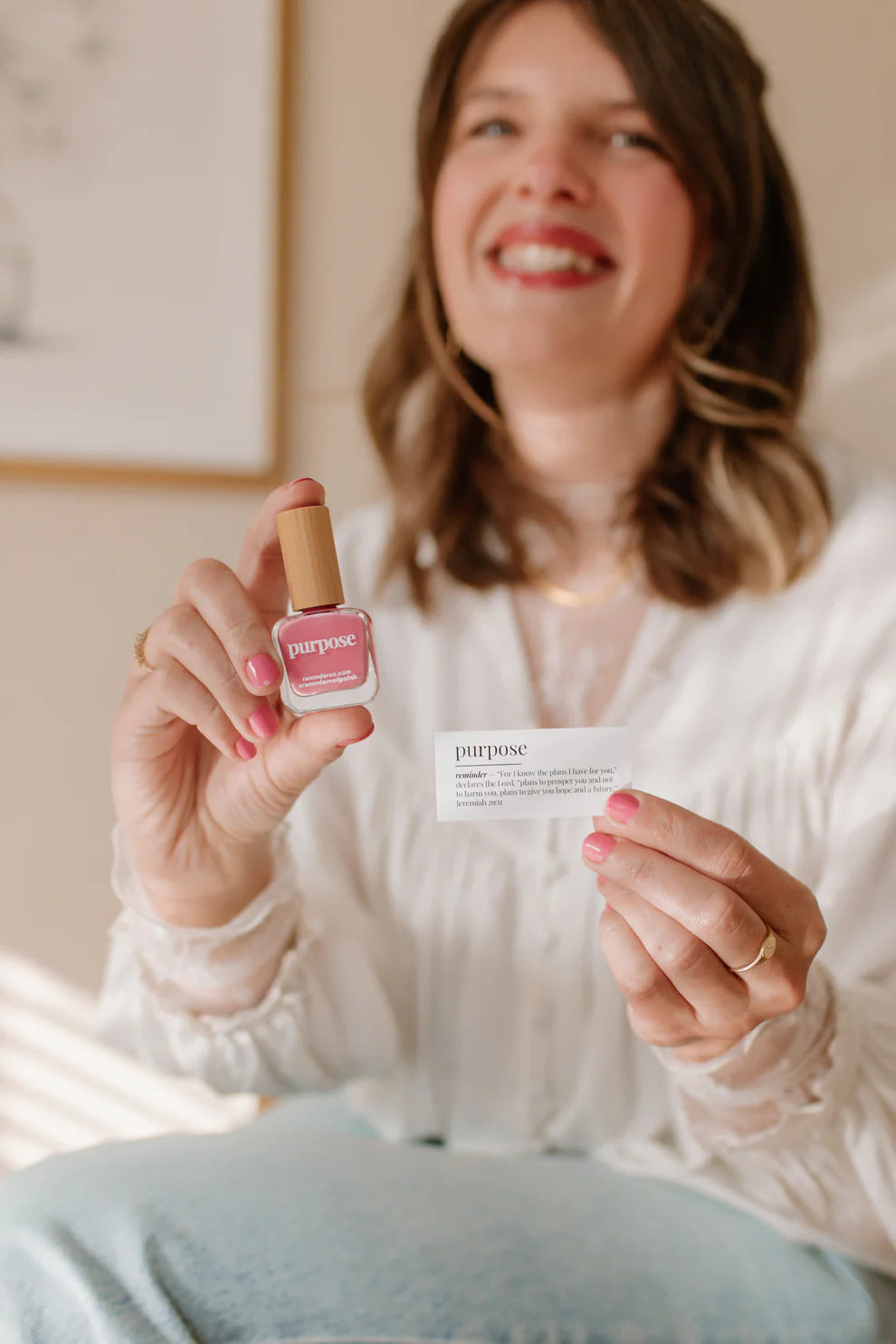 ‘Purpose’ honeysuckle pink reminder nail polish bottle; vegan, cruelty-free, non-toxic. Available in 10ml and 15ml sizes.