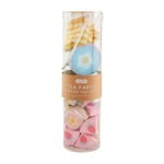 Clear cylindrical container with brown label, filled with blue, yellow, and pink pastel candies. Sizes available: Small, Large.