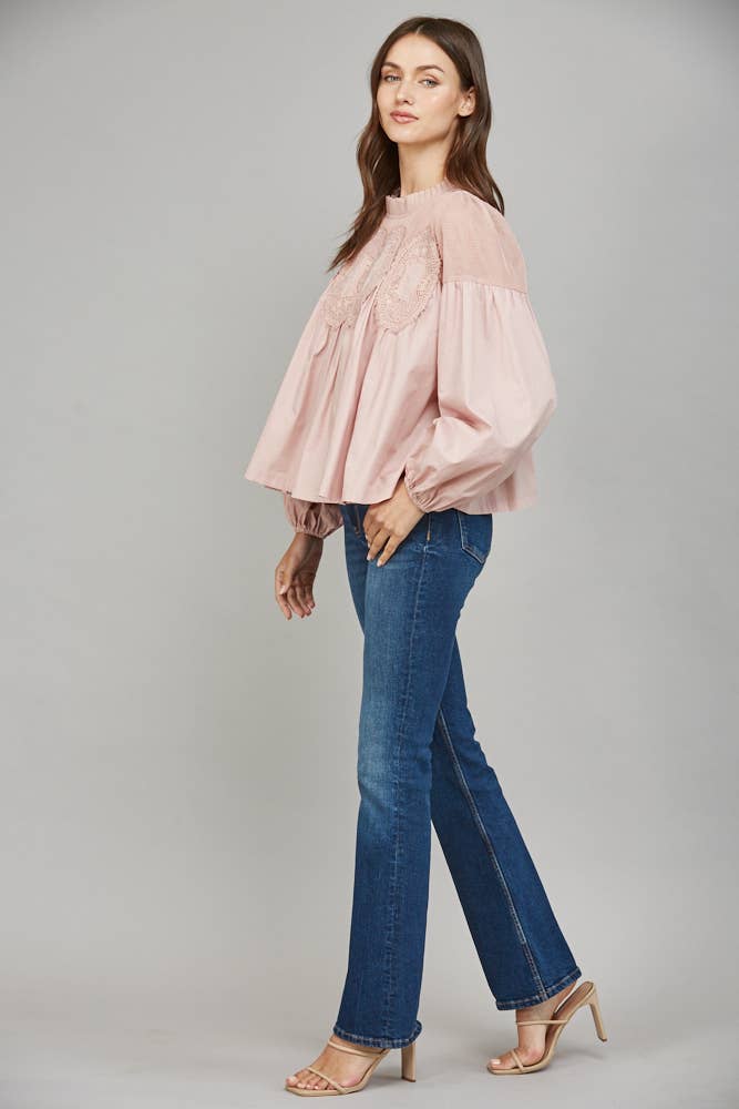 Lace Appliqué Detail Mixed Media Long Sleeve Blouse