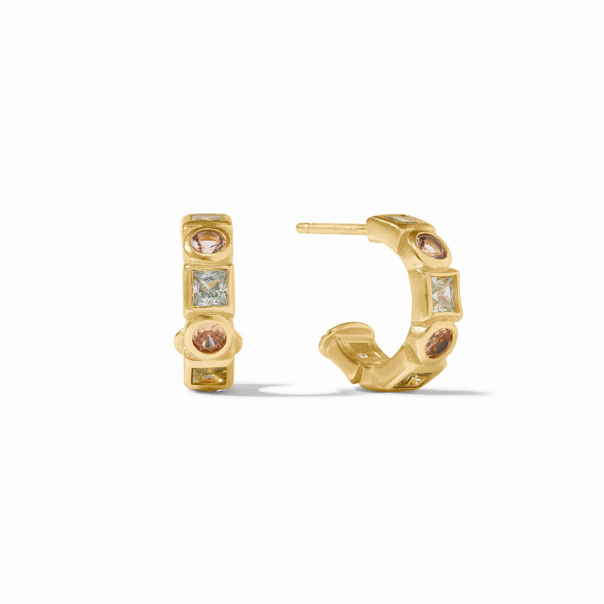 Jolie Hoop & Charm Earrings Rose: 24K gold plated hoops with alternating square and oval pastel gems. Available in one size.
