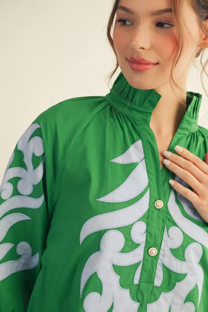 Kelly Green and Light Blue Baroque Appliqué Shift Dress, available in sizes XS–XL.