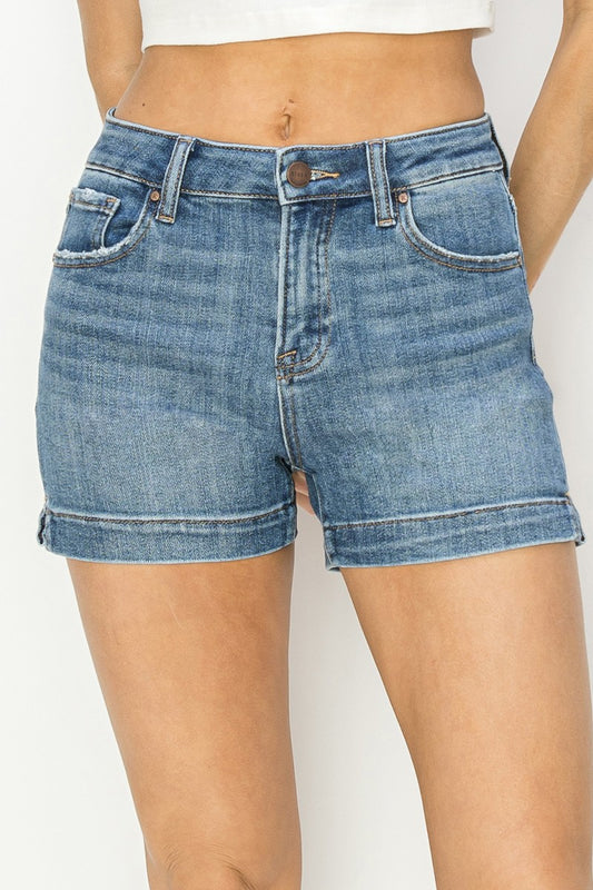 High Rise Side Slit Basic Shorts with rolled cuffs. Lightweight, ideal for summer wear. Sizes available: XS, S, M, L, XL.