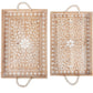 Set of two rectangular wooden trays with white floral patterns, beaded handles. Available in small and large sizes.