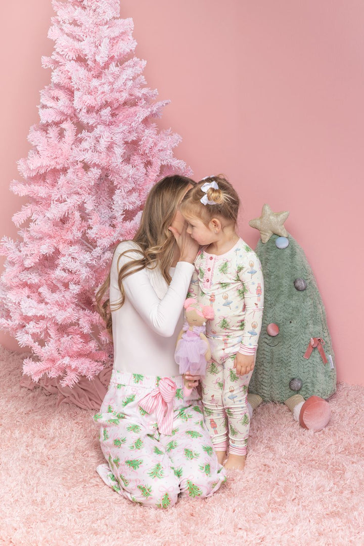Nutcracker Gingham PJ Set featuring nutcracker and ballerina pattern. Available in women’s and children’s sizes.