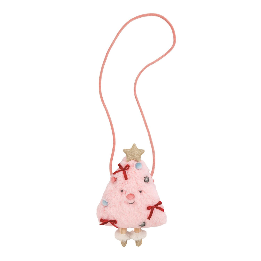 Pink Christmas tree plush purse with gold star, red ribbon bows, and thin shoulder strap.