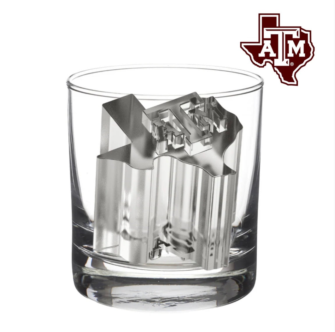 Large University Ice Mold forms a metallic Texas-shaped ice cube with the Texas A&M University logo. Available in large size.