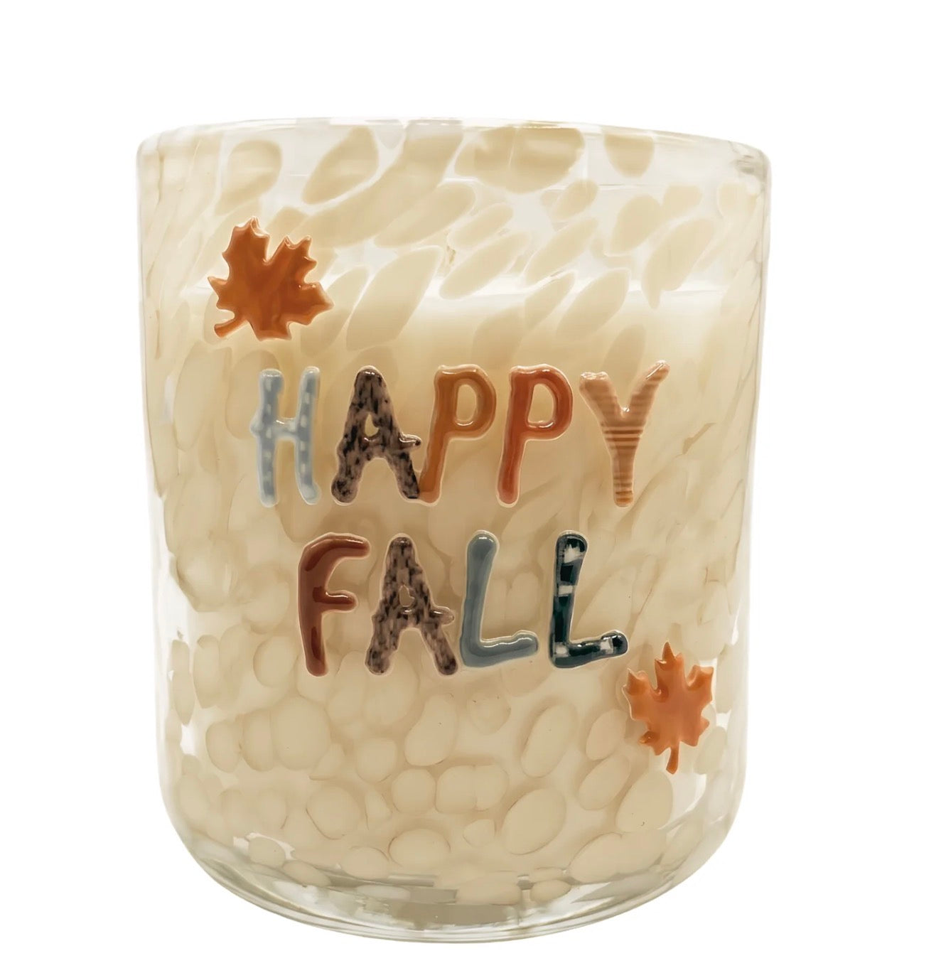 Happy Fall 12oz Icon Candle: cream-colored soy wax in a textured glass jar with “HAPPY FALL” in colorful letters and two orange maple leaves on the front. Apple-scented. Size: 12oz.