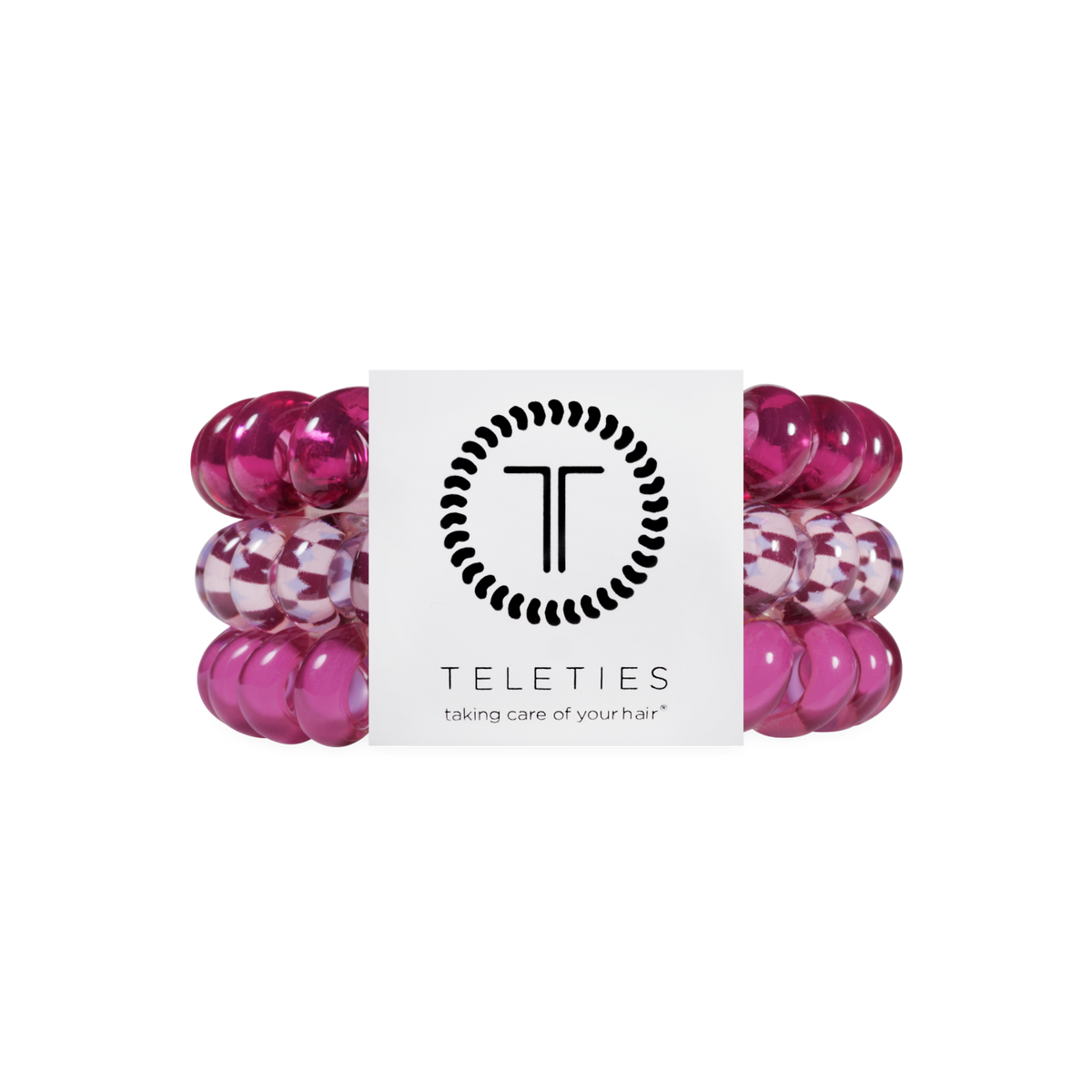 Three Merlot after Midnight Large Hair Ties in pink spiral coil design, including one checkered style, available in large size, provide a no-crease, gentle hold.