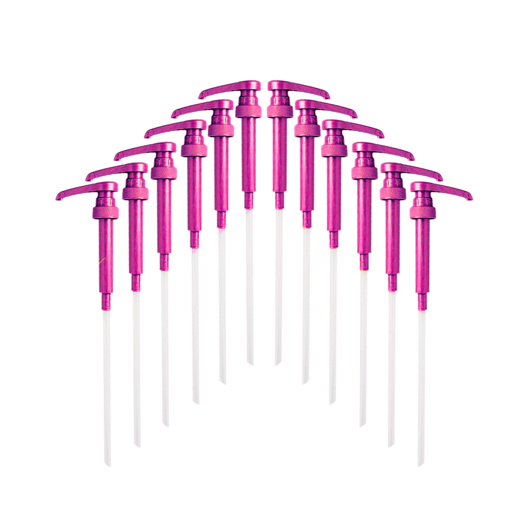 Ten pink syrup pumps with long white tubes for 750ml bottles. Set includes 10 pumps, fits only 750ml bottle size.