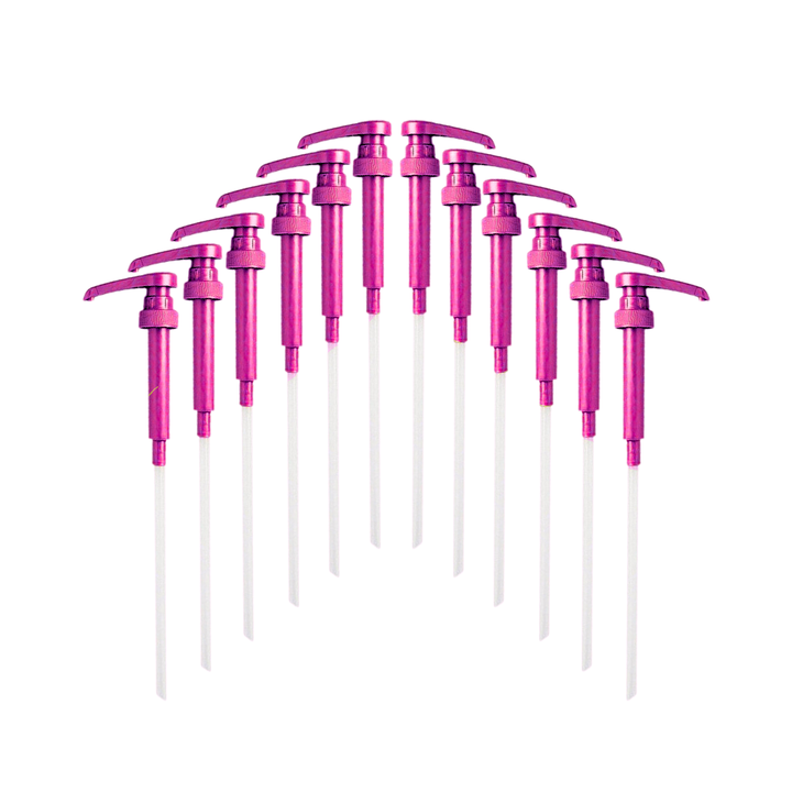 Ten pink syrup pumps with long white tubes for 750ml bottles. Set includes 10 pumps, fits only 750ml bottle size.