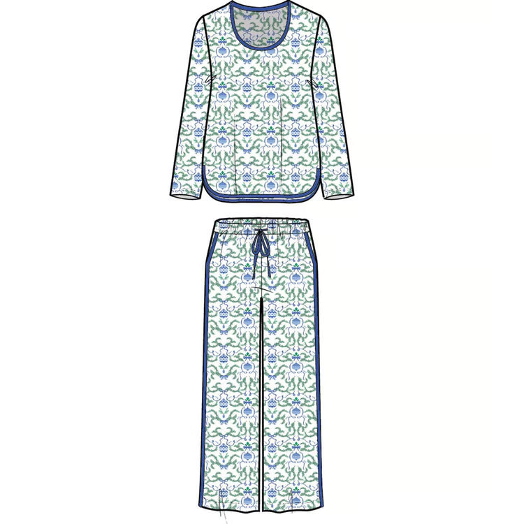 Melody Garland Tapestry Pants Set, long-sleeved scoop-neck top and straight-leg drawstring pants with blue, green, and white floral pattern and solid blue trim.