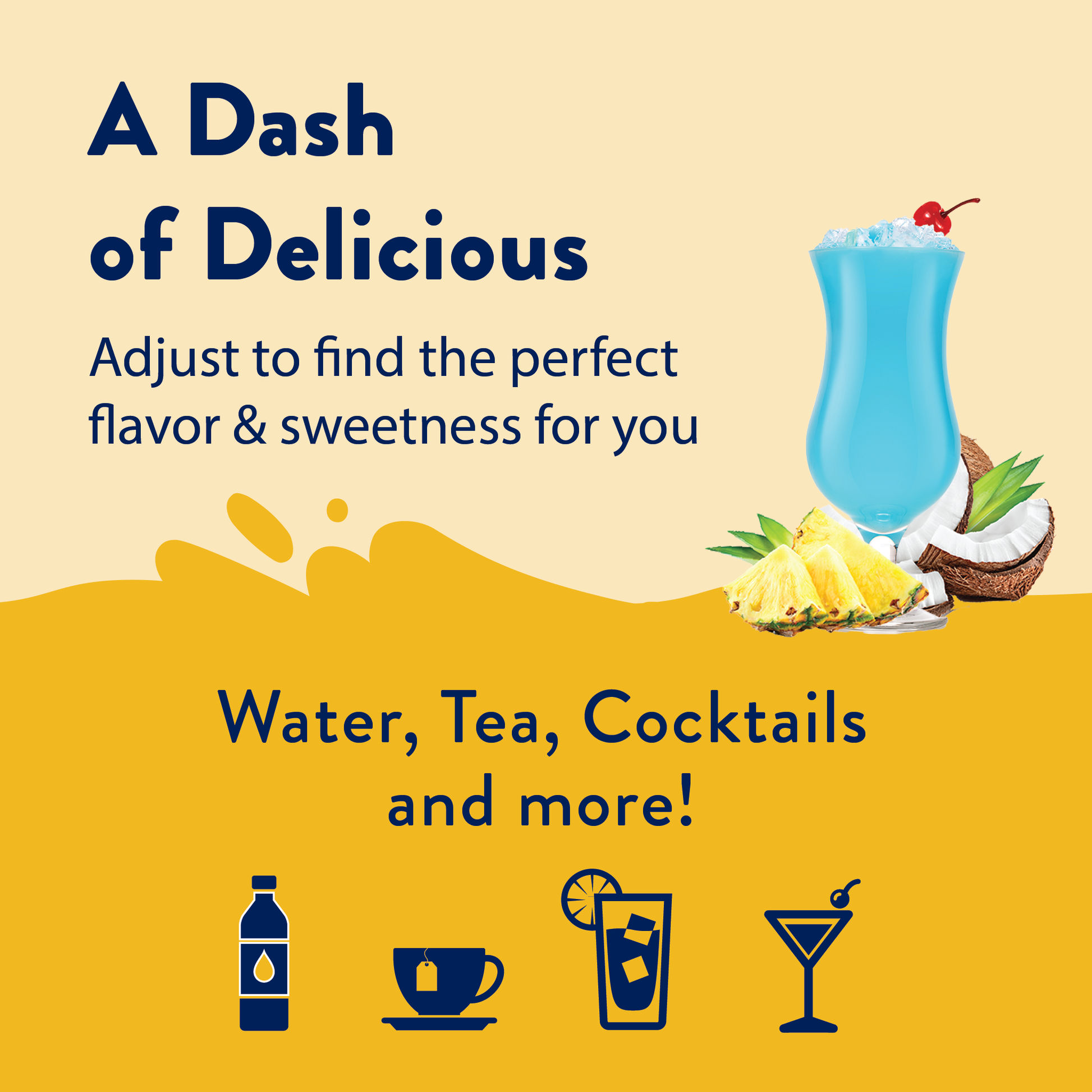 Blue tropical drink with pineapple and coconut. Text: "Flavor Burst - Sugar Free Mermaid™. Zero calorie." Drink icons below.