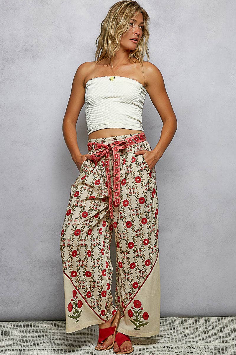 Straight Fit Waist Belt Floral Pattern Pants; available in sizes XS–XL.