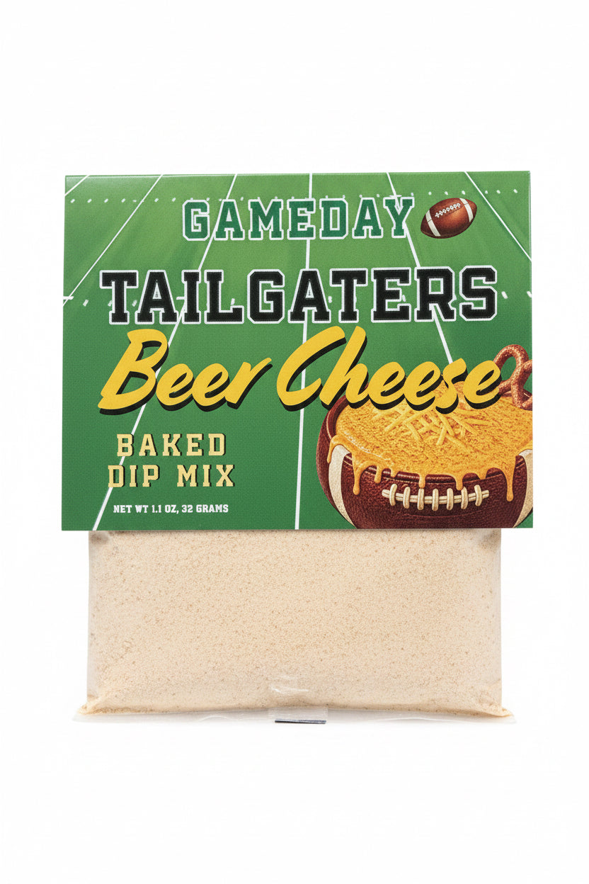 Game Day Collection Dip Mix in a clear pouch with football-themed green label; sizes available: packet only.