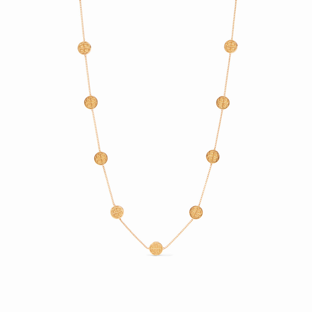 Gold station necklace with multiple coin-shaped pendants featuring cross designs, adjustable length. Sizes available: S, M, L.