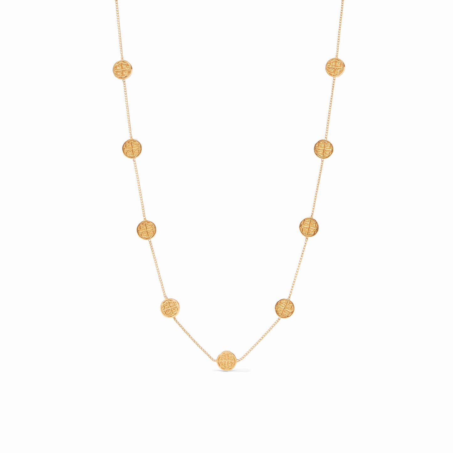 Gold station necklace with multiple coin-shaped pendants featuring cross designs, adjustable length. Sizes available: S, M, L.