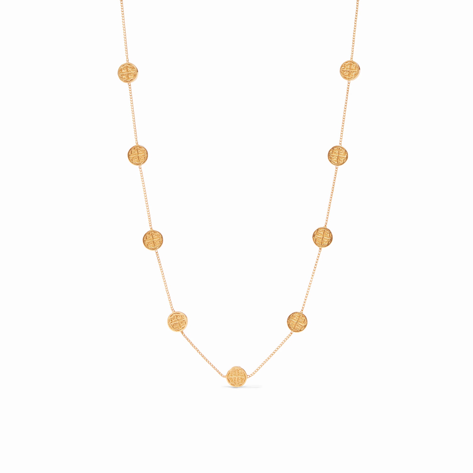 Gold station necklace with multiple coin-shaped pendants featuring cross designs, adjustable length. Sizes available: S, M, L.