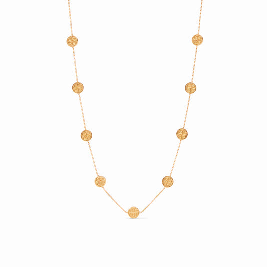 Gold station necklace with multiple coin-shaped pendants featuring cross designs, adjustable length. Sizes available: S, M, L.