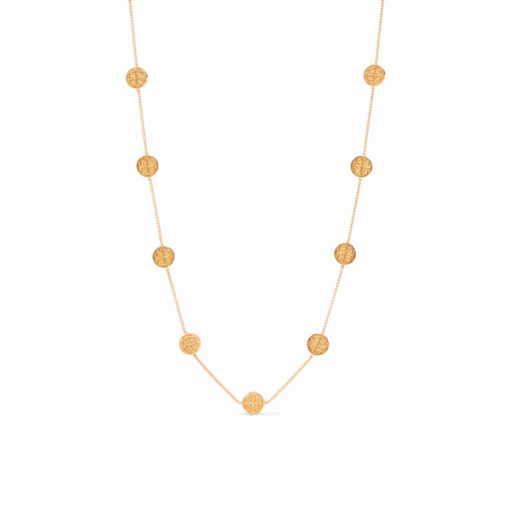 Gold station necklace with multiple coin-shaped pendants featuring cross designs, adjustable length. Sizes available: S, M, L.