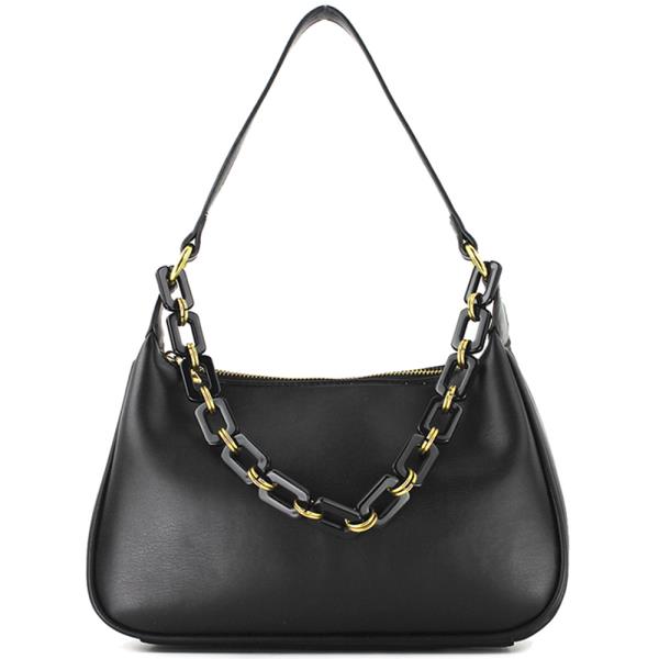 The Stylish Chain Link Design Plain Shoulder Bag is a trendy black leather accessory featuring a chunky chain link with gold accents, curved shape, and zippered top closure. Available sizes: Medium.