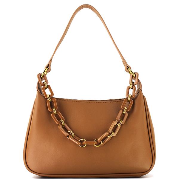 The Stylish Chain Link Design Plain Shoulder Bag is a brown leather handbag with a single strap and chain link design. Available sizes: Medium, Large.