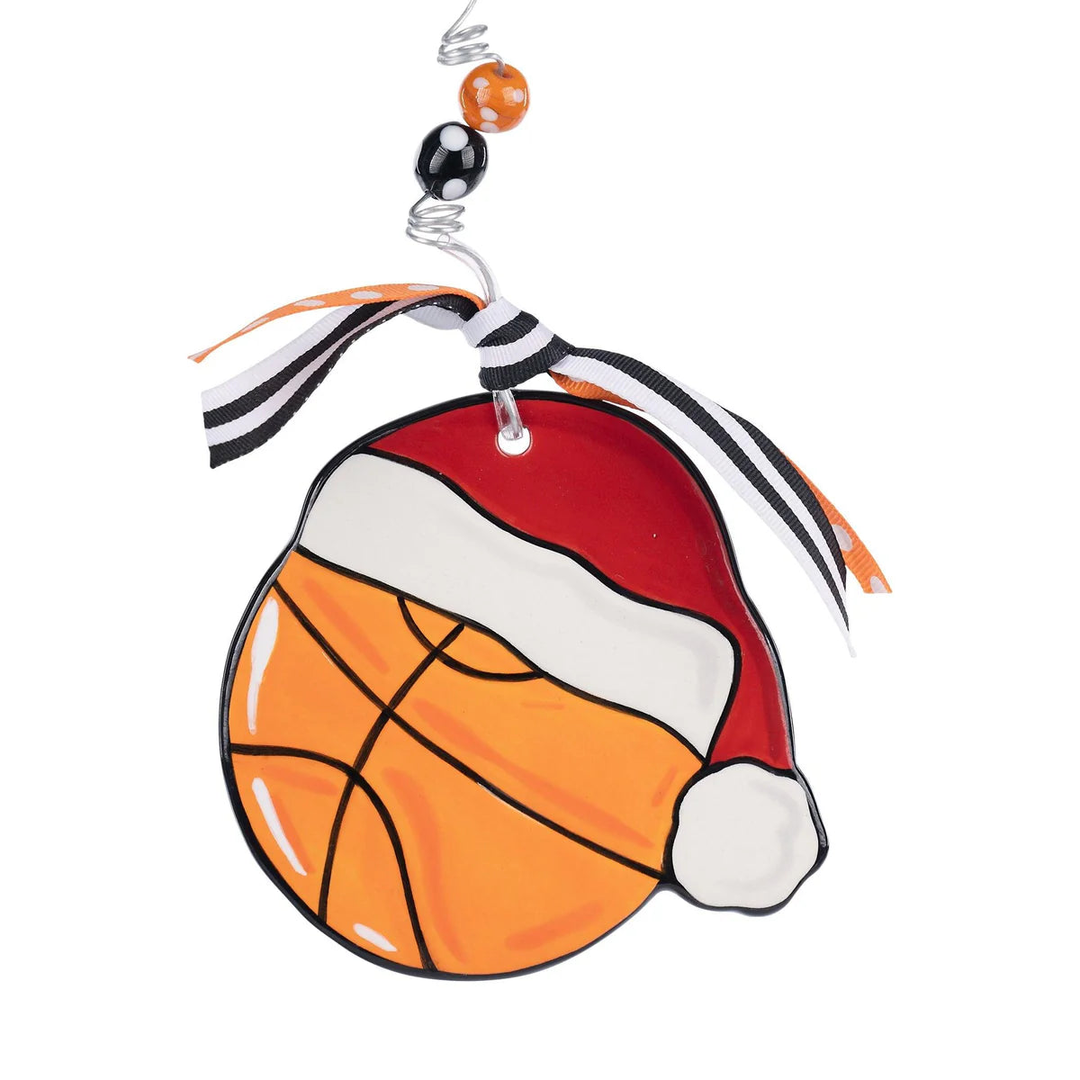 Basketball Flat Ornament: A festive basketball ornament with a Santa hat, black and white striped ribbons, wire hanger with orange, black, and white beads. Sizes available: Small, Medium.