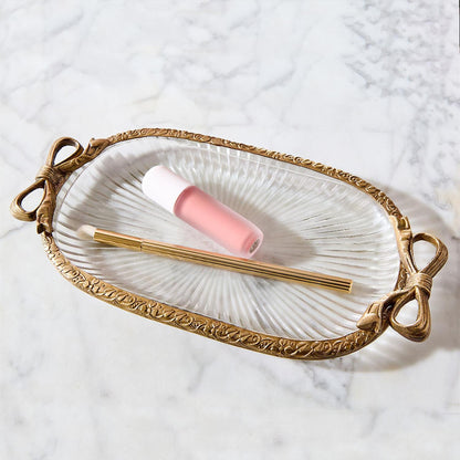 Antique Gold Finish Glass Vanity Tray with Bow; organizes jewelry. Sizes available: small, medium, large.