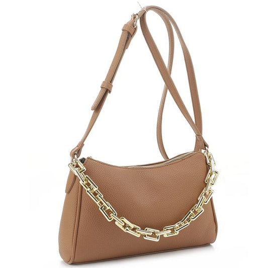 Plain Chain Link Curve Cognac Crossbody Bag: Stylish tan leather handbag with textured finish and gold chain detail. Features an adjustable shoulder strap and zipper closure. Sizes available: One Size.