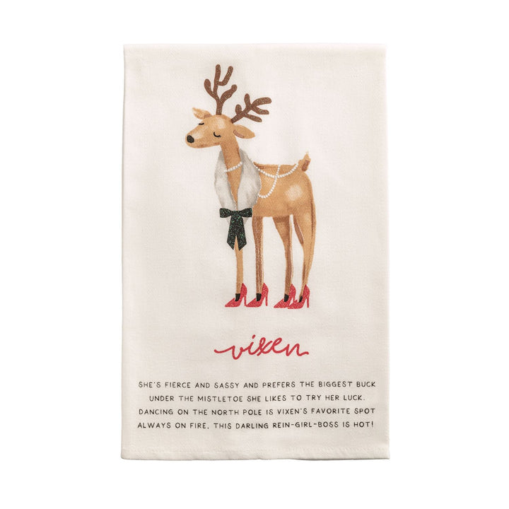 Santa’s Reindeer Poem Hand Towel featuring a reindeer with a pearl necklace, black bow, and red high heels, with “Vixen” and a poem printed below.